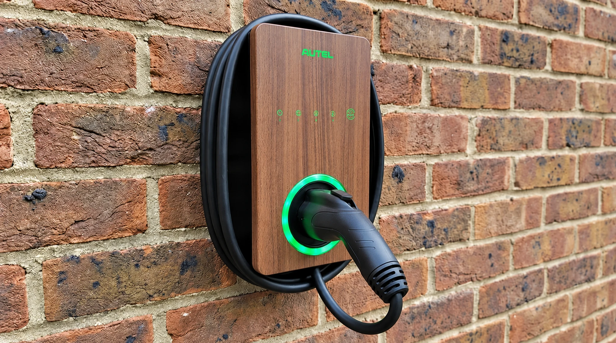 Wood-finish Autel home charger mounted on a brick wall