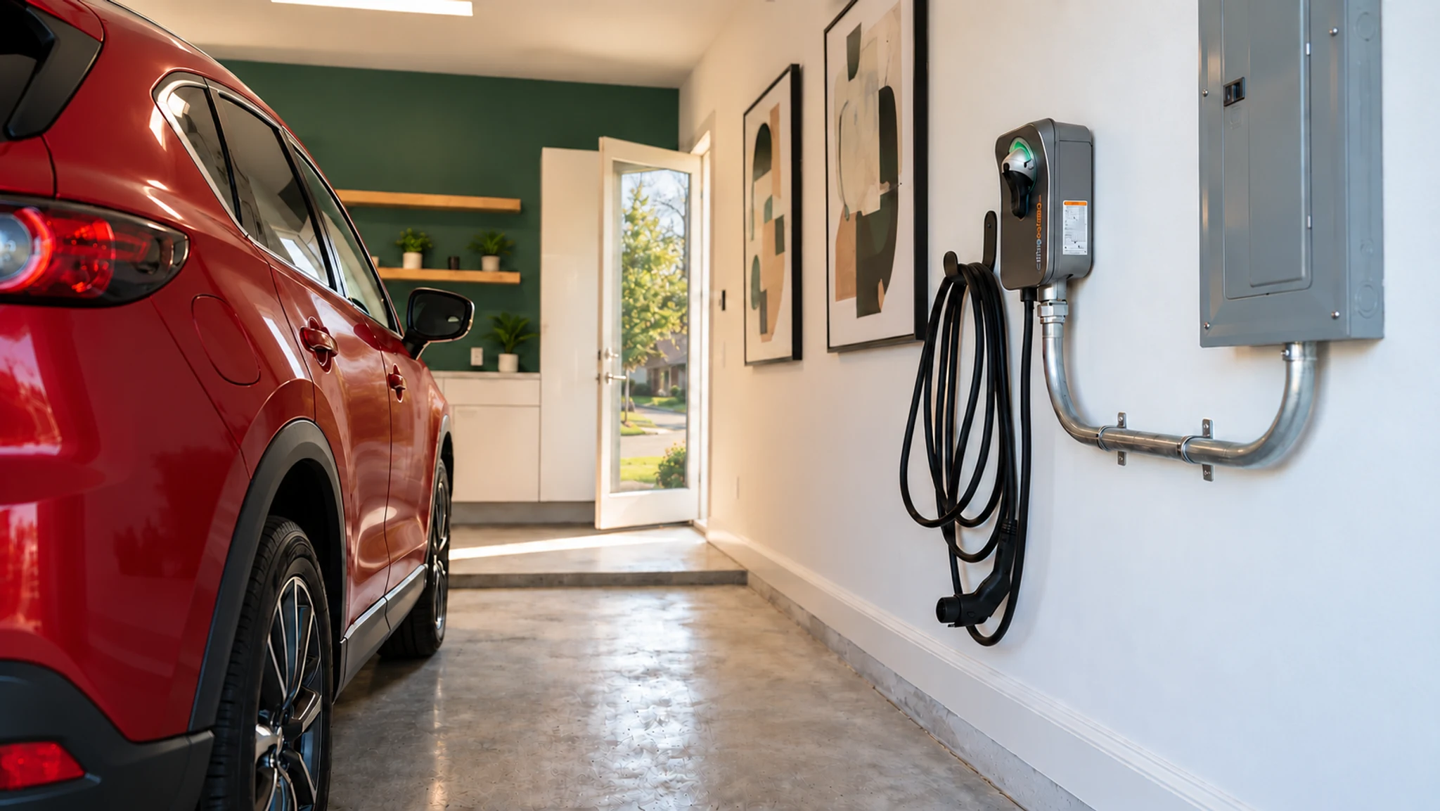 ChargePoint Home Flex mounted beside a red SUV in a well-kept home garage