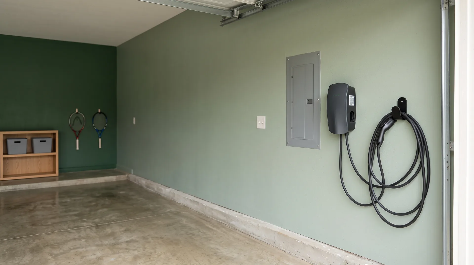 Rear-fed charger beside a closed panel on a sage-green wall with no visible supply conduit