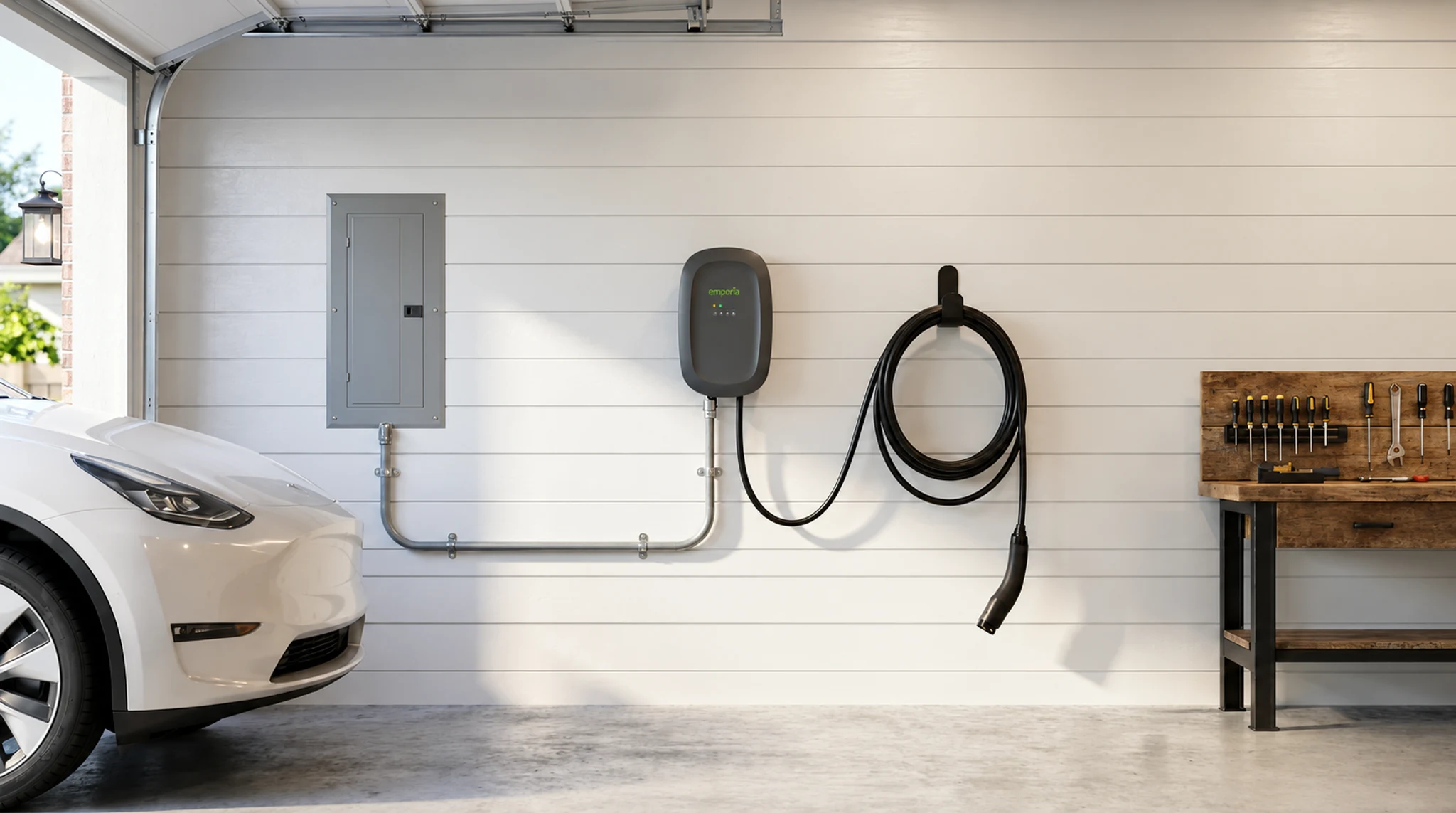Emporia Level 2 charger with a separate cable hook and neatly routed conduit in a home garage