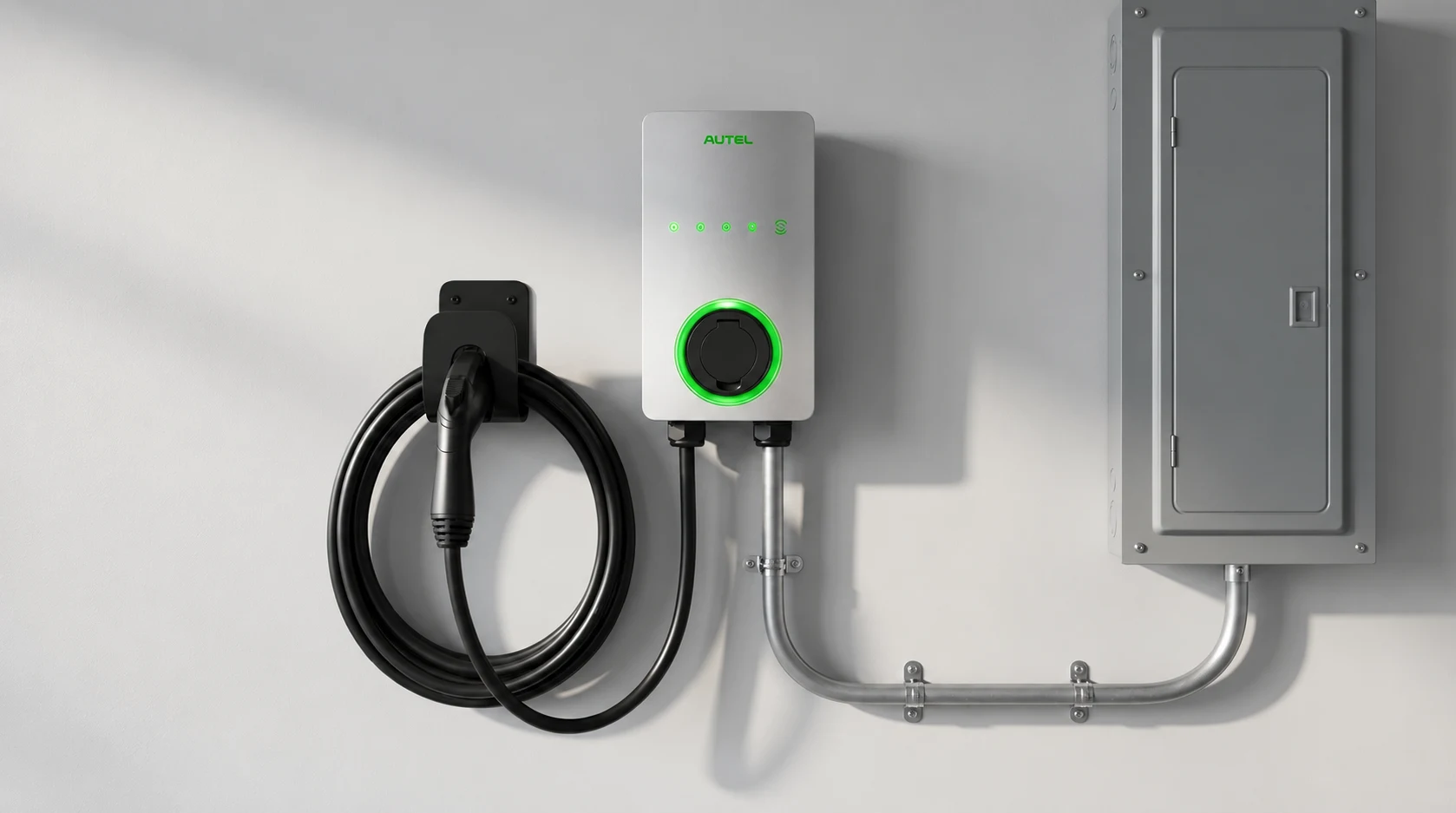 Hardwired Autel wall charger with secured metal conduit connected to a closed electrical panel