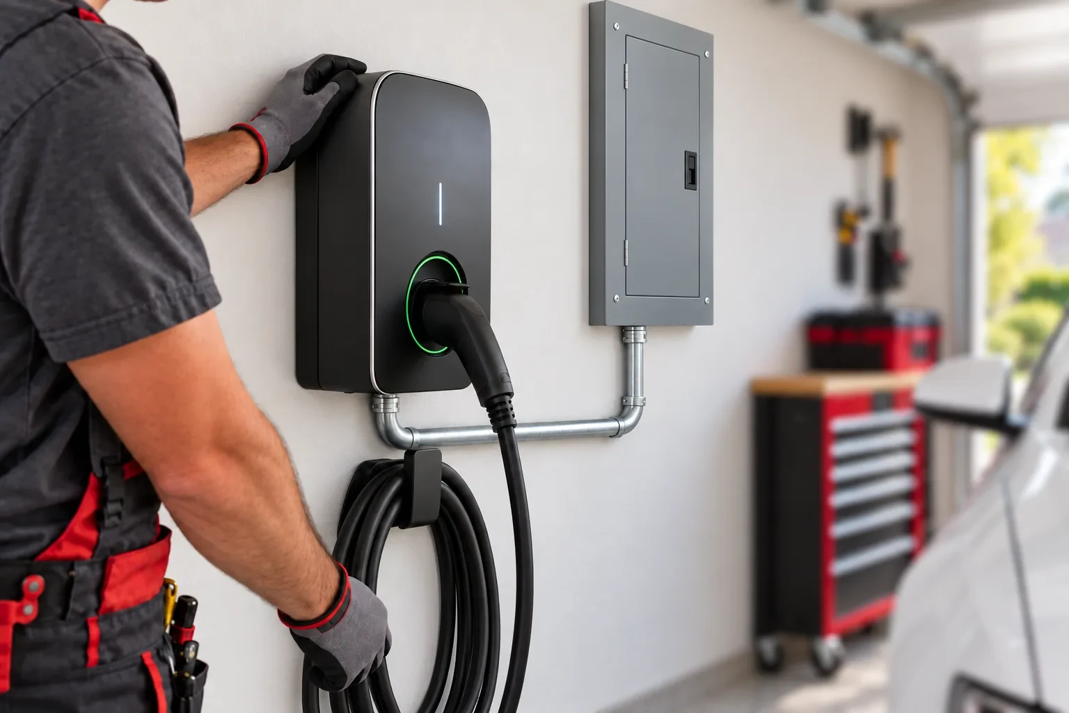 Installer checking a wall-mounted EV charger beside a closed electrical panel