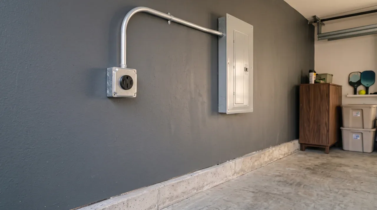 Raised NEMA 14-50 receptacle and closed electrical panel on a graphite garage wall