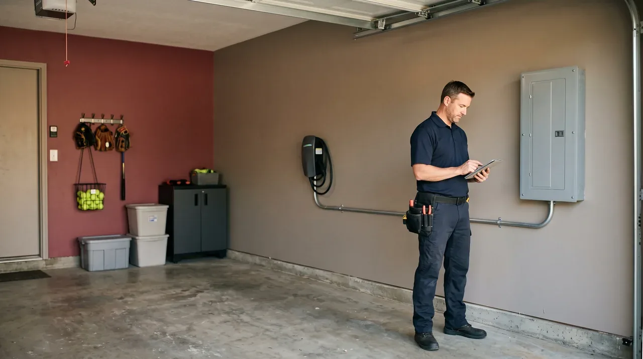 Electrician reviewing a tablet beside a closed panel in a garage with burgundy accents