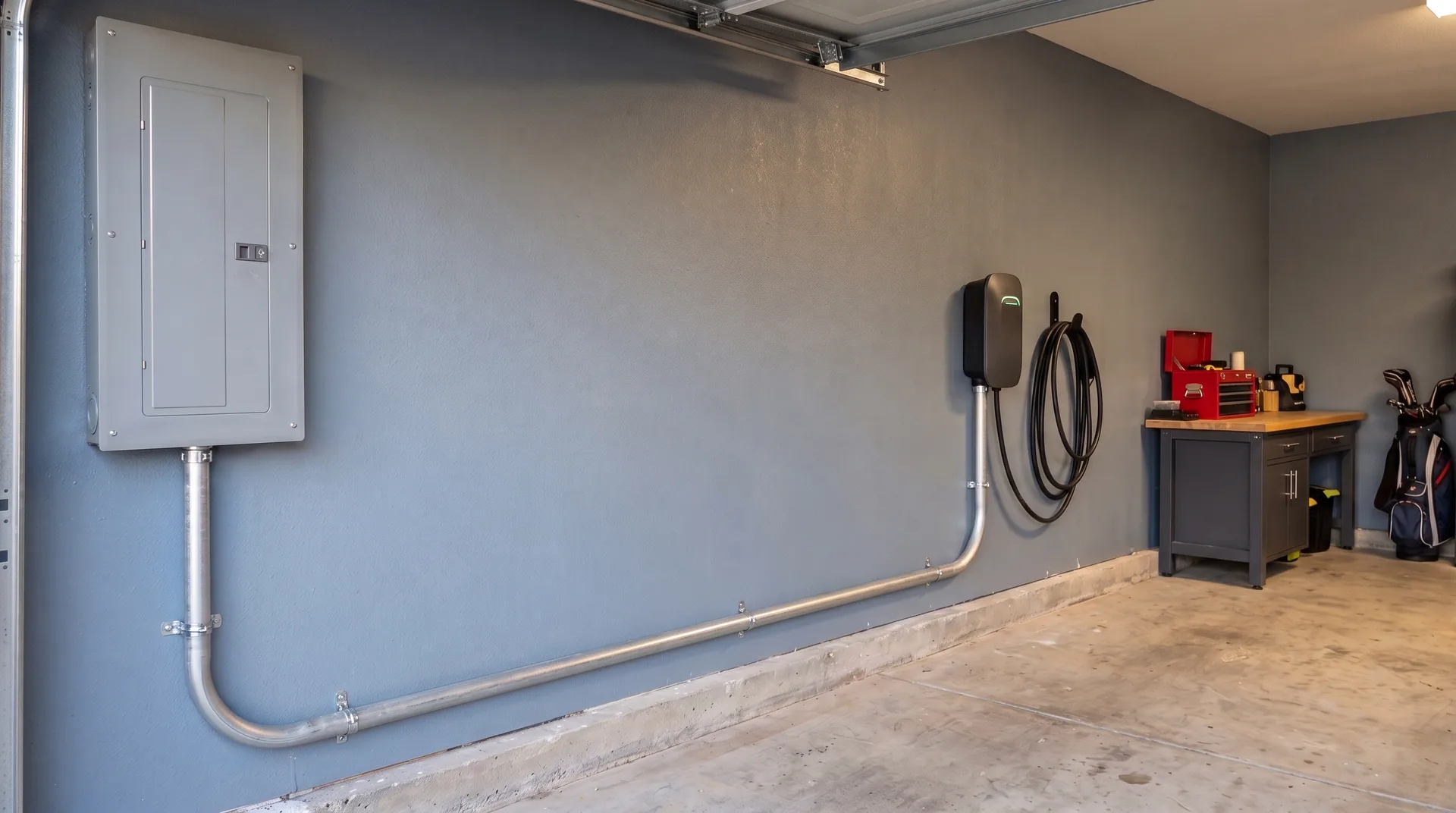 One continuous secured conduit route from a closed panel to an EV charger in an organized blue-gray garage