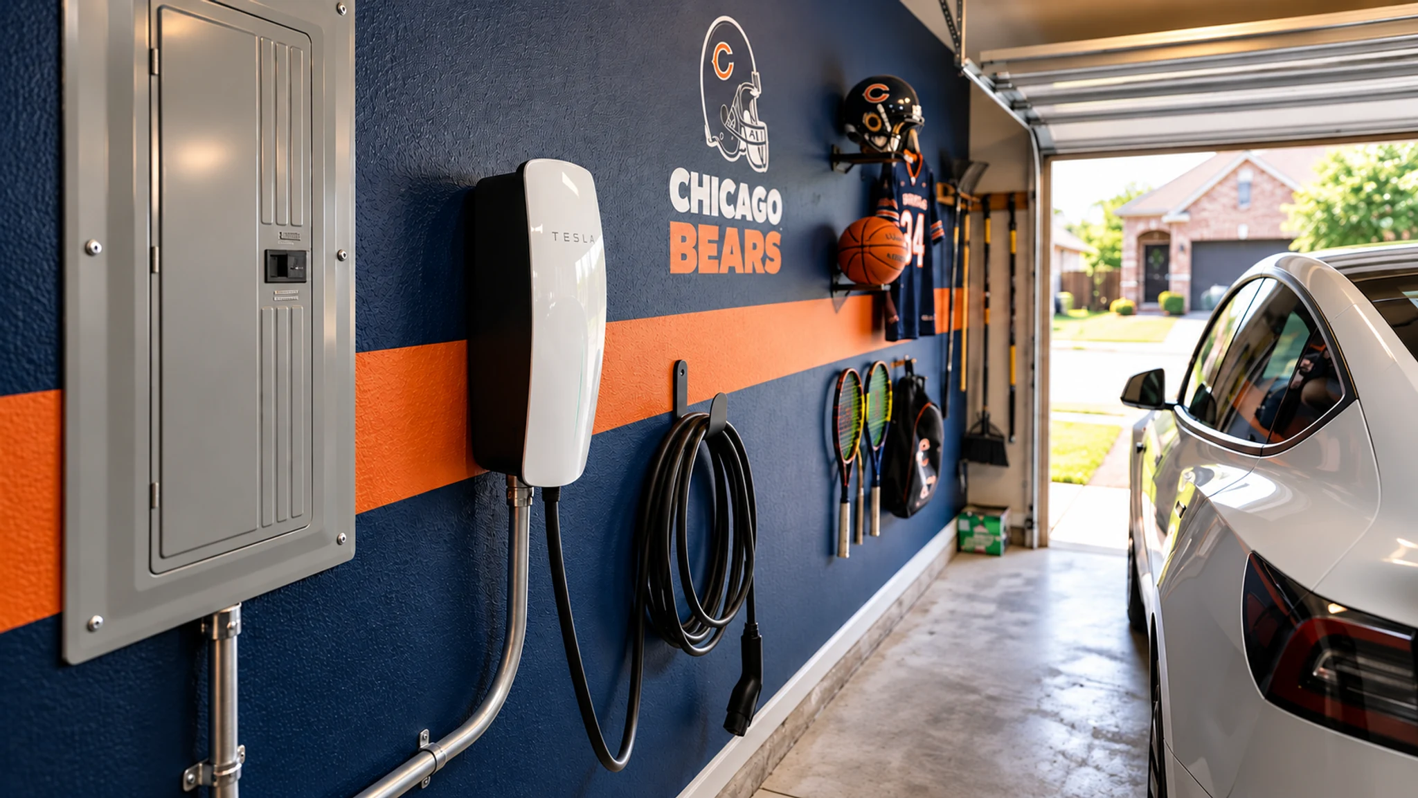Tesla Wall Connector and cable hook in a sports-themed residential garage
